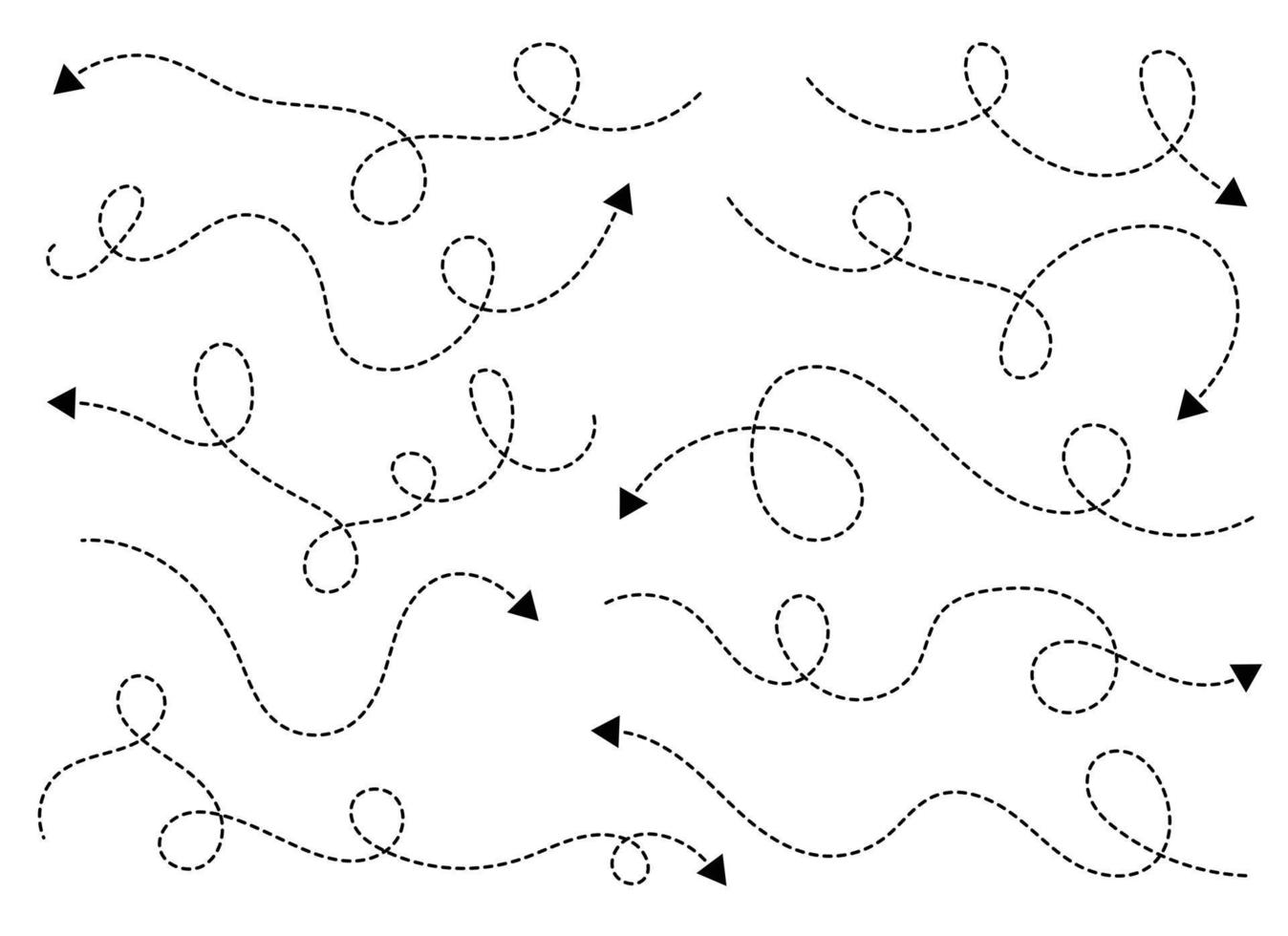 mão desenhado pontilhado seta forma. curvado seta linha. seta ícone coleção. vetor ilustração isolado em branco fundo