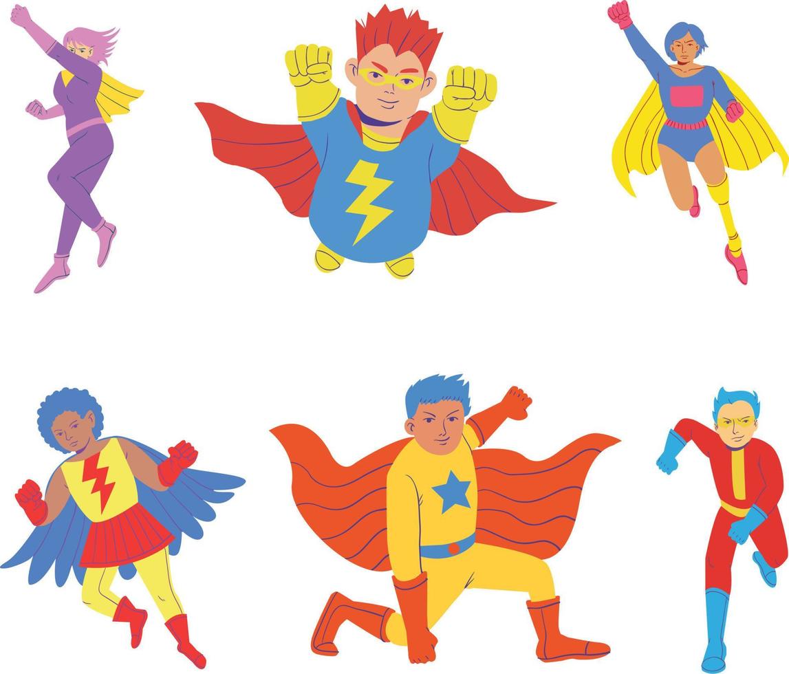 Super-heróis definir. desenho animado personagens dentro diferente poses. vetor ilustração. adesivo