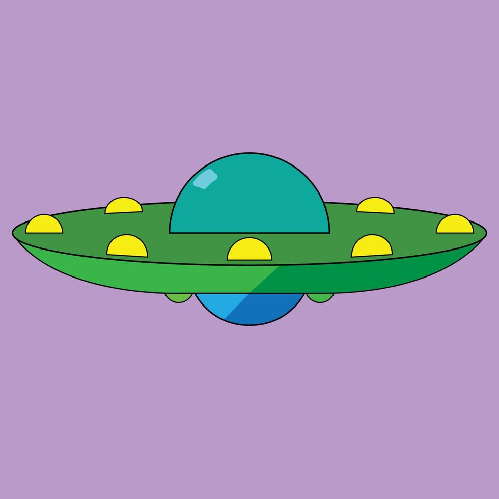 uma simples nave espacial com luzes, OVNI, estrangeiro veículo, azul e verde e amarelo e roxo, nave espacial vetor ilustração, nave espacial desenho, espaço viagem, adequado para Educação conteúdo e crianças história