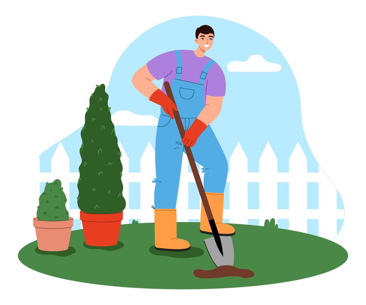 masculino jardineiro trabalhando dentro a quintal. faz-tudo personagem escavação uma buraco. jardim manutenção conceito. plano vetor ilustração.