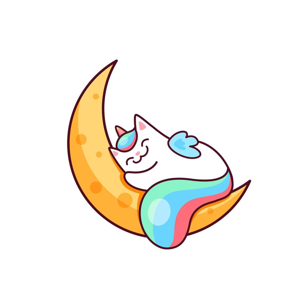 desenho animado kawaii caticorn personagem dormir em lua vetor
