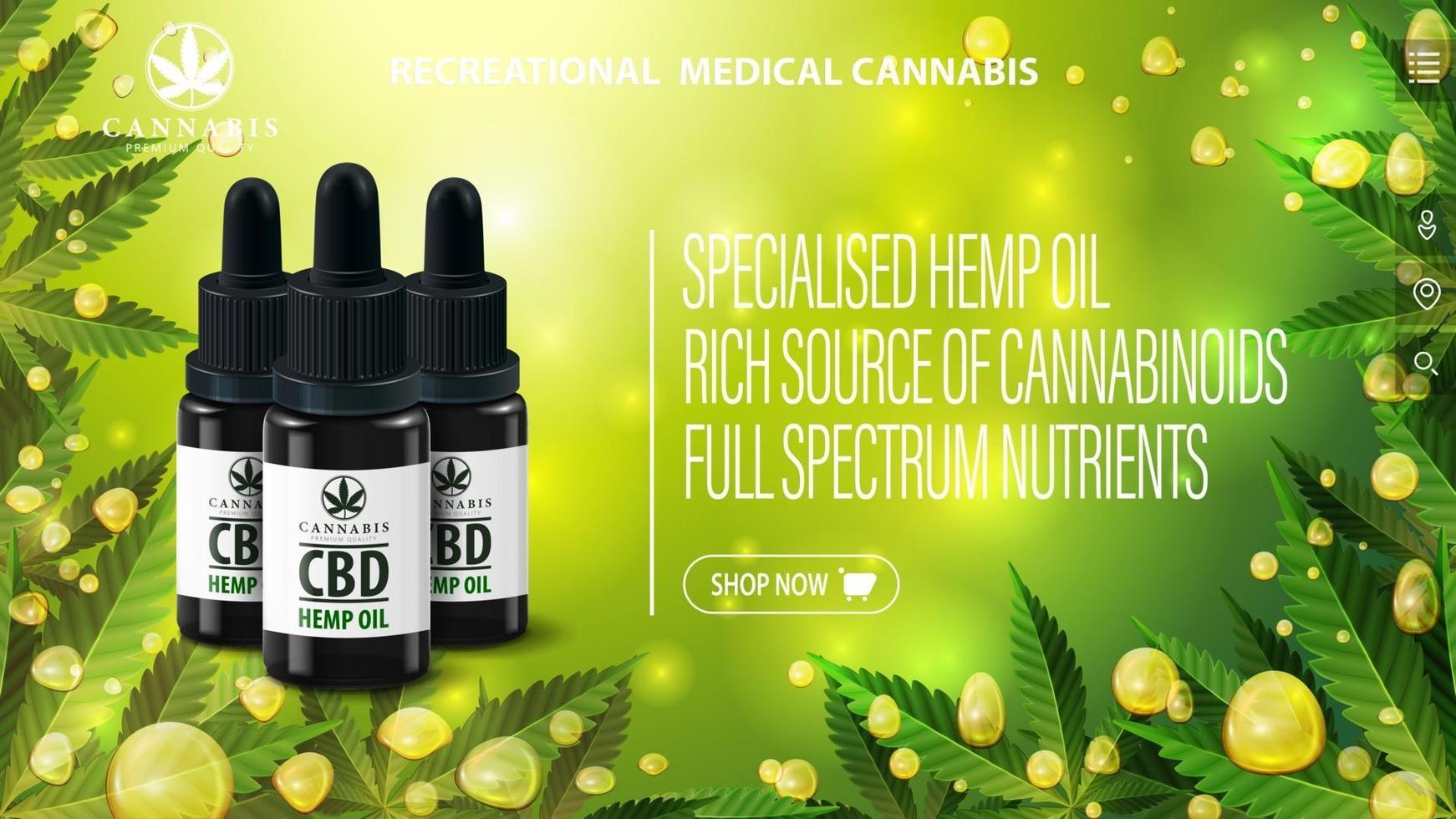 cartaz para o site com garrafas pretas de óleo cbd e elementos de interface do site. banner para site com garrafas de óleo cbd e bolhas de ouro de óleo de cannabis em fundo verde desfocado com folhas de cannabis vetor