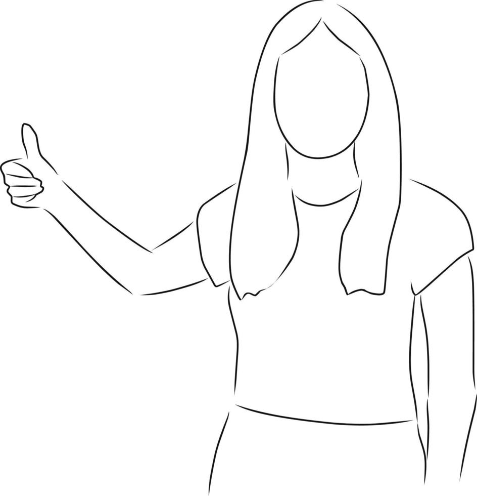 mulher mostrando polegares acima, vetor. mão desenhado esboço. vetor