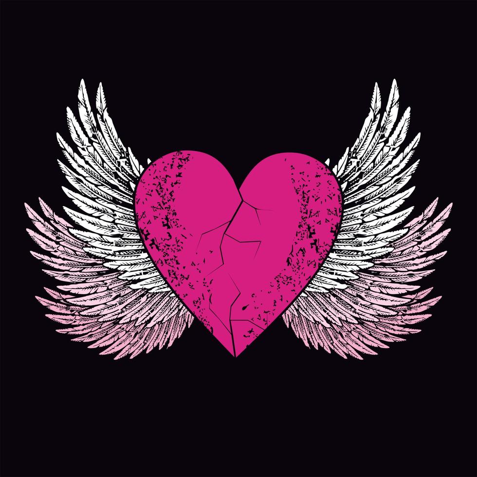 vetor Projeto para camiseta do uma Rosa coração com asas isolado em Preto. ilustração do uma quebrado coração vôo.