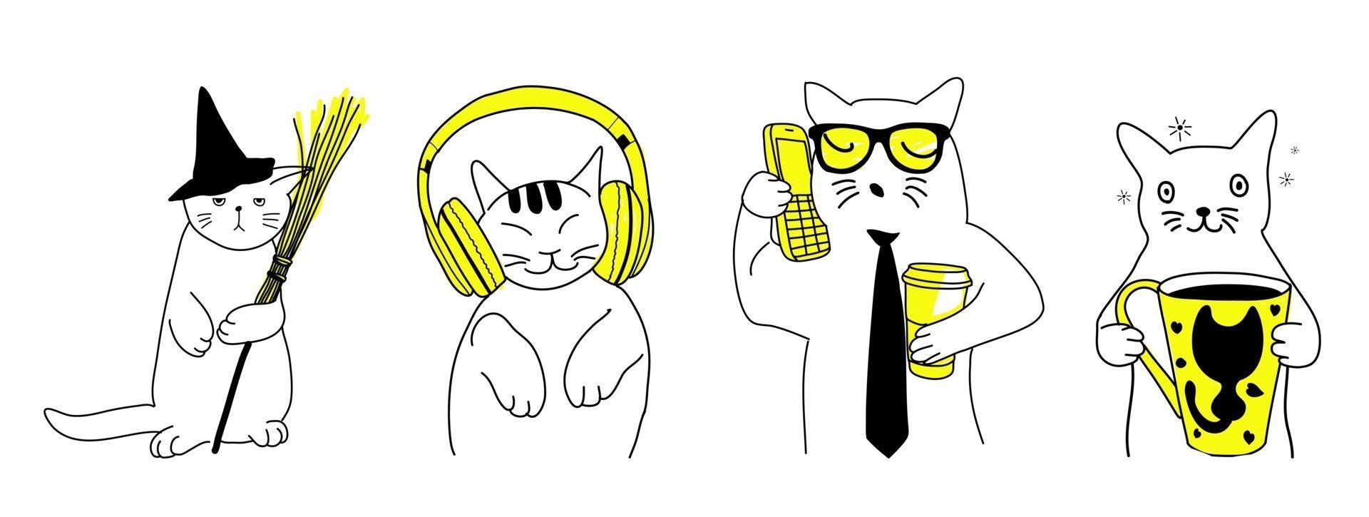 conjunto de vários gatos engraçados e fofos. estilo dos desenhos animados do doodle. vetor