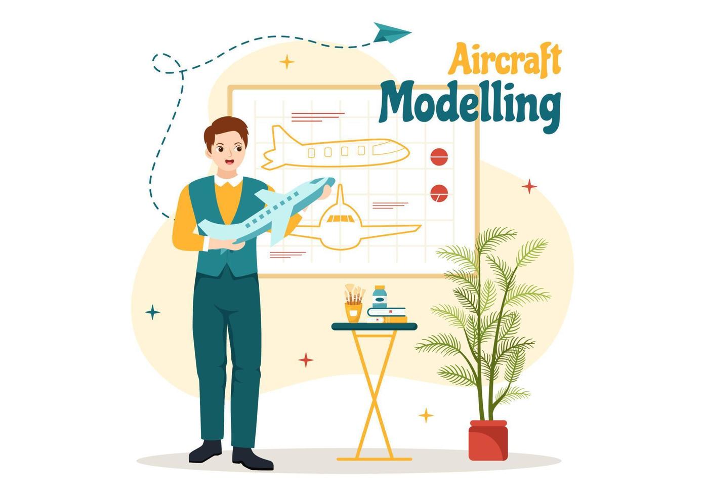 aeronave modelagem e construindo ilustração com montagem ou pintura enorme avião modelo dentro plano desenho animado mão desenhado aterrissagem página modelos vetor