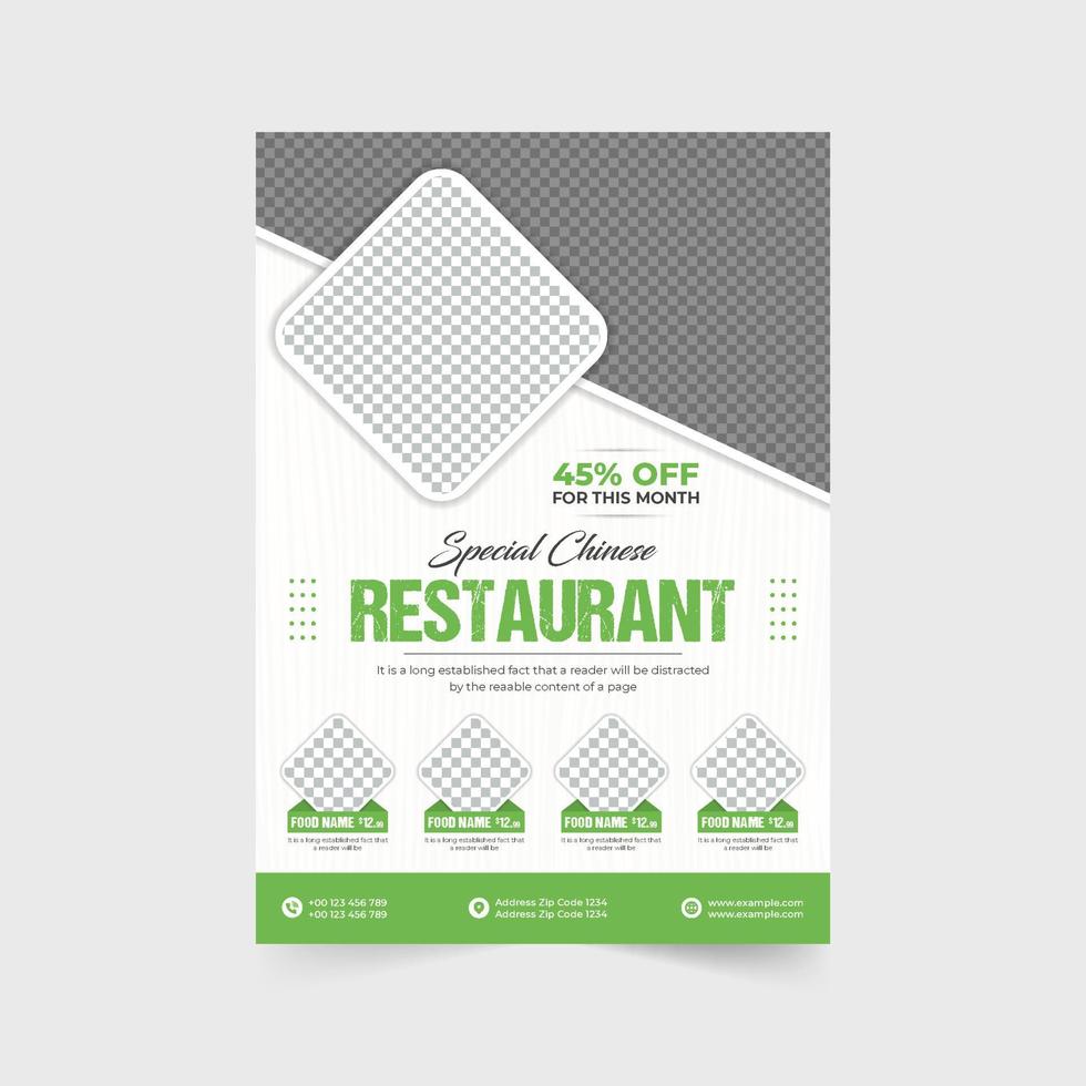 restaurante Comida cardápio promocional folheto Projeto com geométrico formas e foto espaços reservados. moderno restaurante propaganda folheto vetor com verde e vermelho cores. culinária Comida cardápio poster vetor.