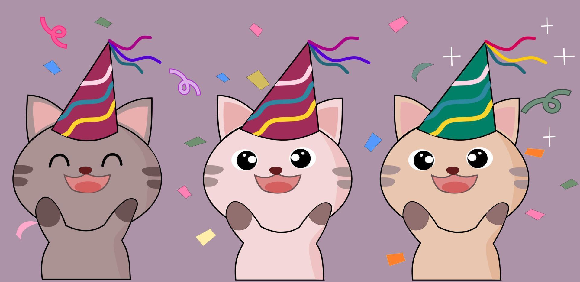 gatos vestem festa chapéu vetor ilustração. fofa kawaii gatinhos feliz risonho face. gatos convite festa cartão.