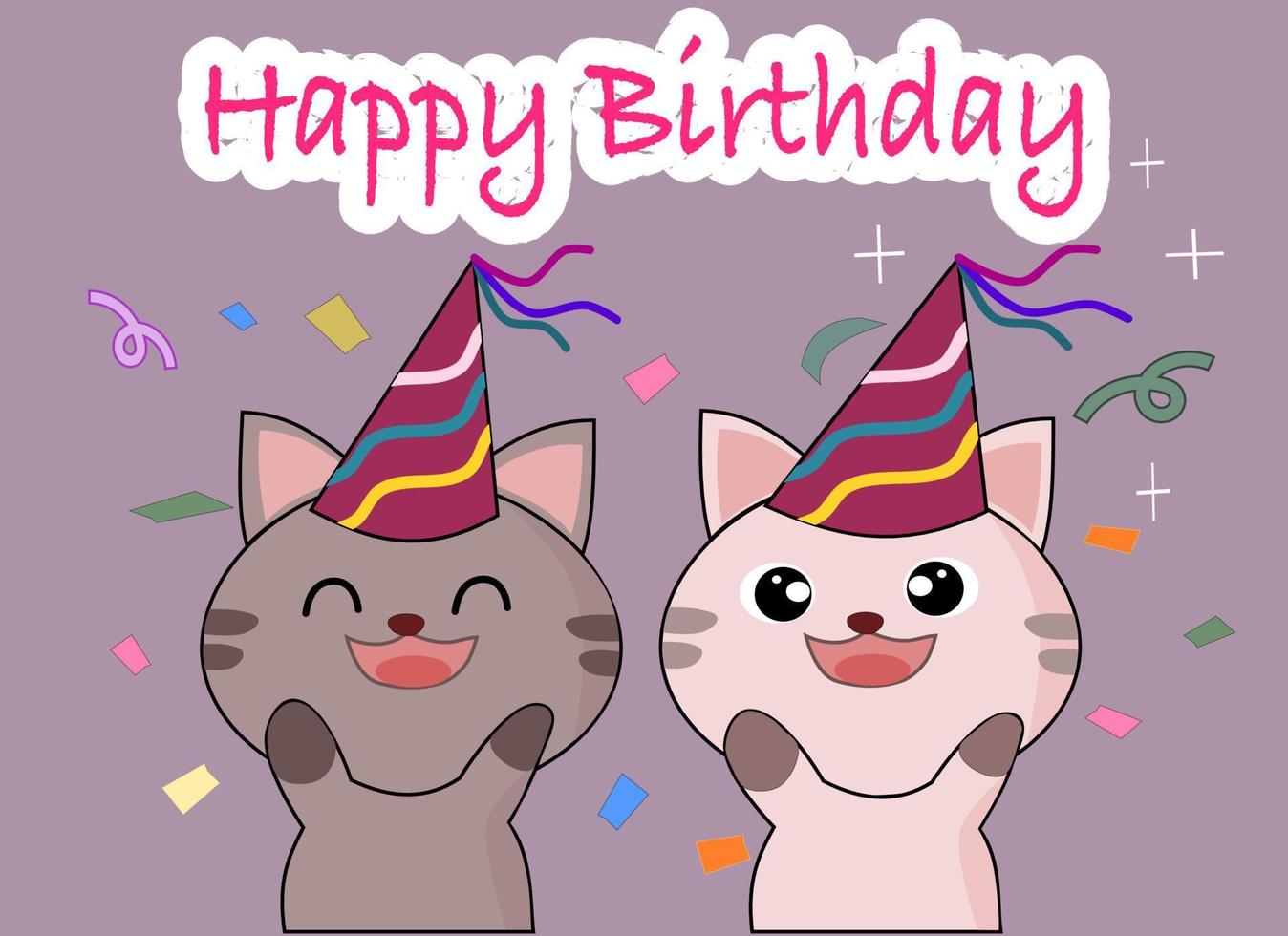 feliz aniversário vetor ilustração. fofa kawaii gatinhos feliz risonho face. gatos feliz aniversário cartão.