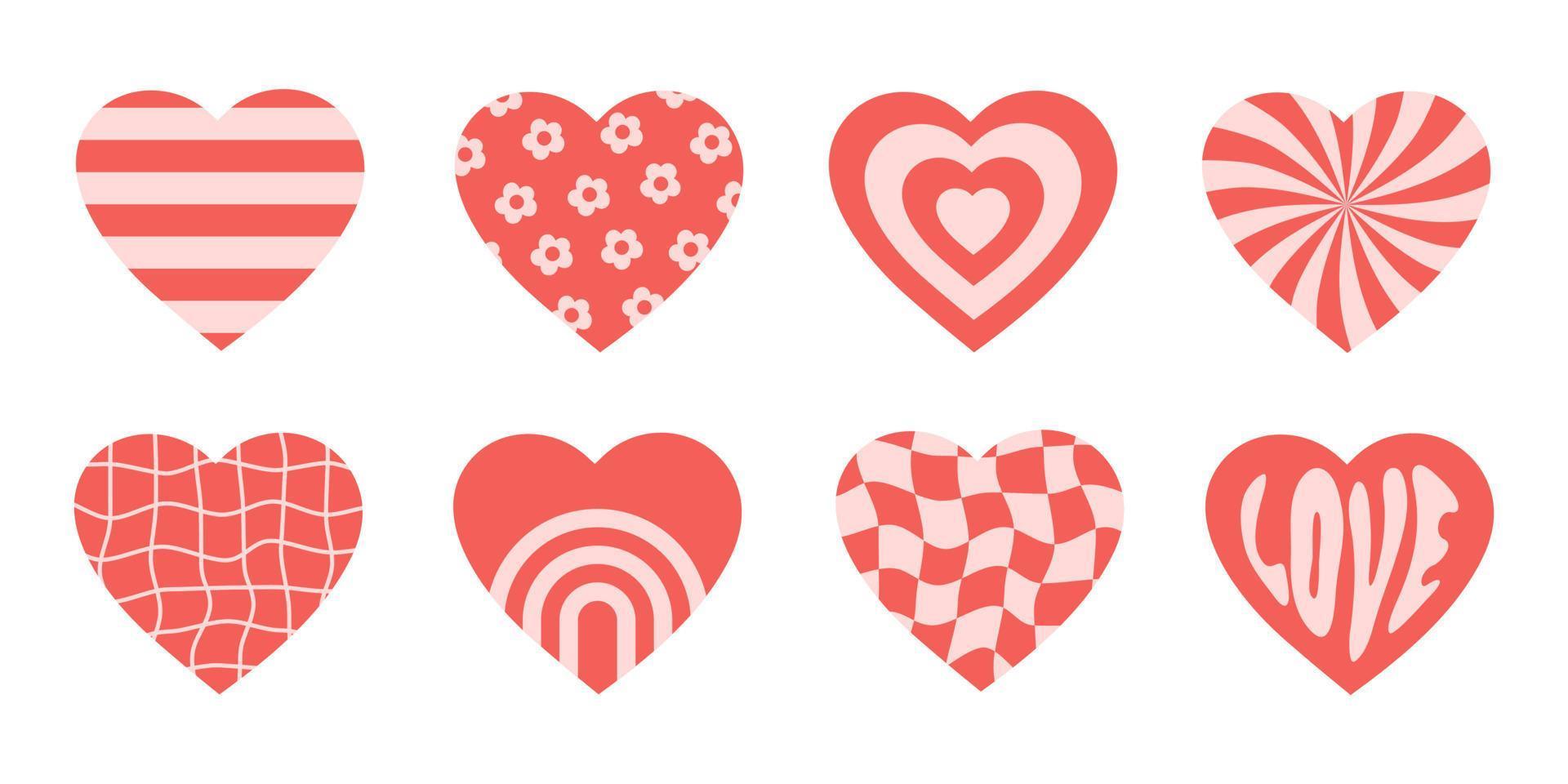 vetor conjunto romântico ícones corações dentro Rosa e vermelho cores. retro fundo dentro groovy estilo anos 70, anos 80. concêntrico corações ou adesivos isolado em uma branco fundo