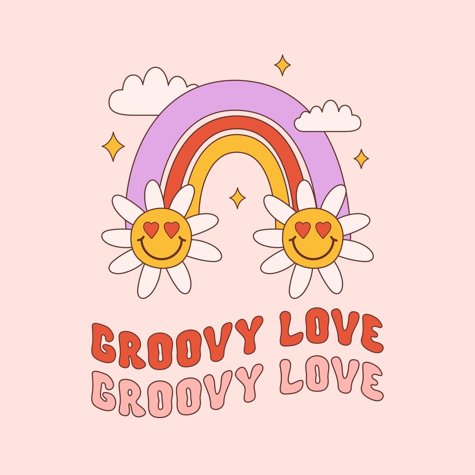 groovy amor romântico fofa ilustração com arco Iris e sorridente flores em uma pastel fundo. retro vintage impressão dentro estilo anos 70, anos 80. vetor ilustração