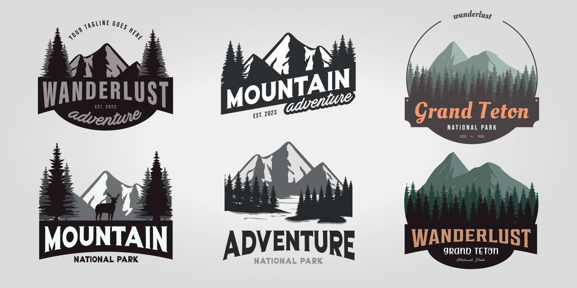 conjunto agrupar aventura montanha logotipo ícone desejo de viajar vetor Projeto floresta ilustração