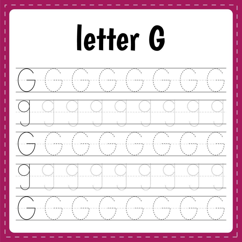 escrevendo cartas. rastreamento página. prática folha. planilha para crianças. aprender alfabeto. carta g vetor