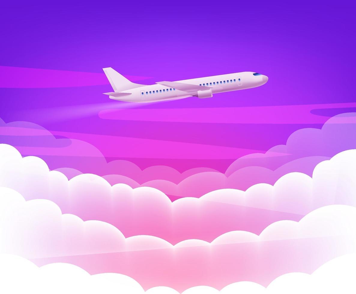 céu rosa e avião moderno com fundo de nuvens brancas fofas vetor