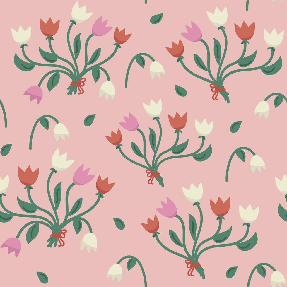 floral desatado padronizar com tulipas ramalhete em Rosa fundo. Primavera fofa fundo com Flor flores para tecido, papel de parede, cartazes, bandeiras. vetor ilustração