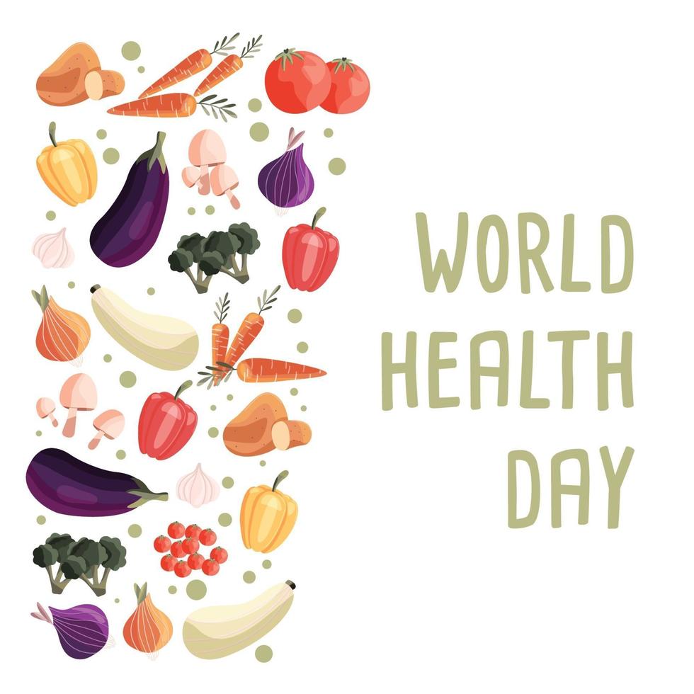 modelo de cartaz quadrado do dia mundial da saúde com coleção de vegetais orgânicos frescos. mão colorida ilustrações desenhadas no fundo branco. comida vegetariana e vegana. vetor