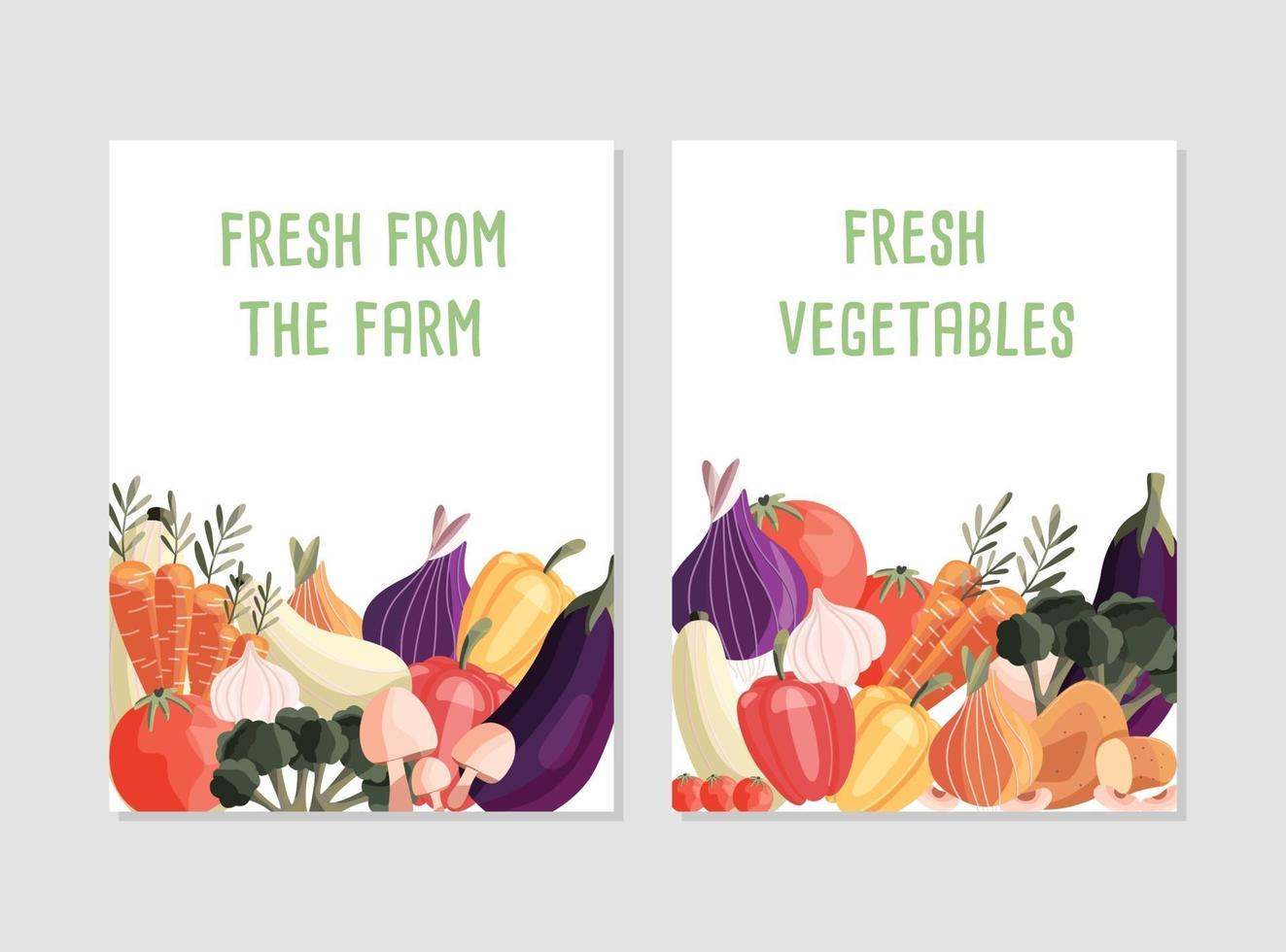 dois modelos de pôster vertical com vegetais orgânicos frescos e lugar para texto. mão colorida desenhada comida natural. ilustração vetorial. vetor