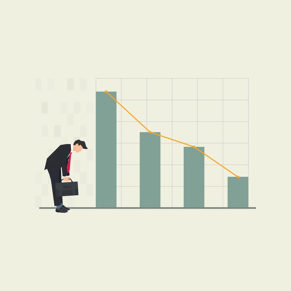 diminuindo gráfico gráfico. homem de negocios mancar olhando a gráfico declínio vetor ilustração