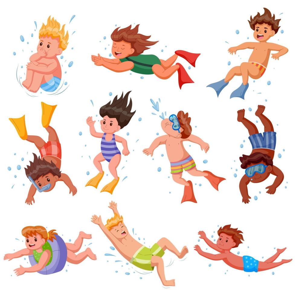 pequeno mergulhadores desenho animado definir, crianças mergulho com snorkel, conjunto engraçado desenho animado personagem, vetor ilustração