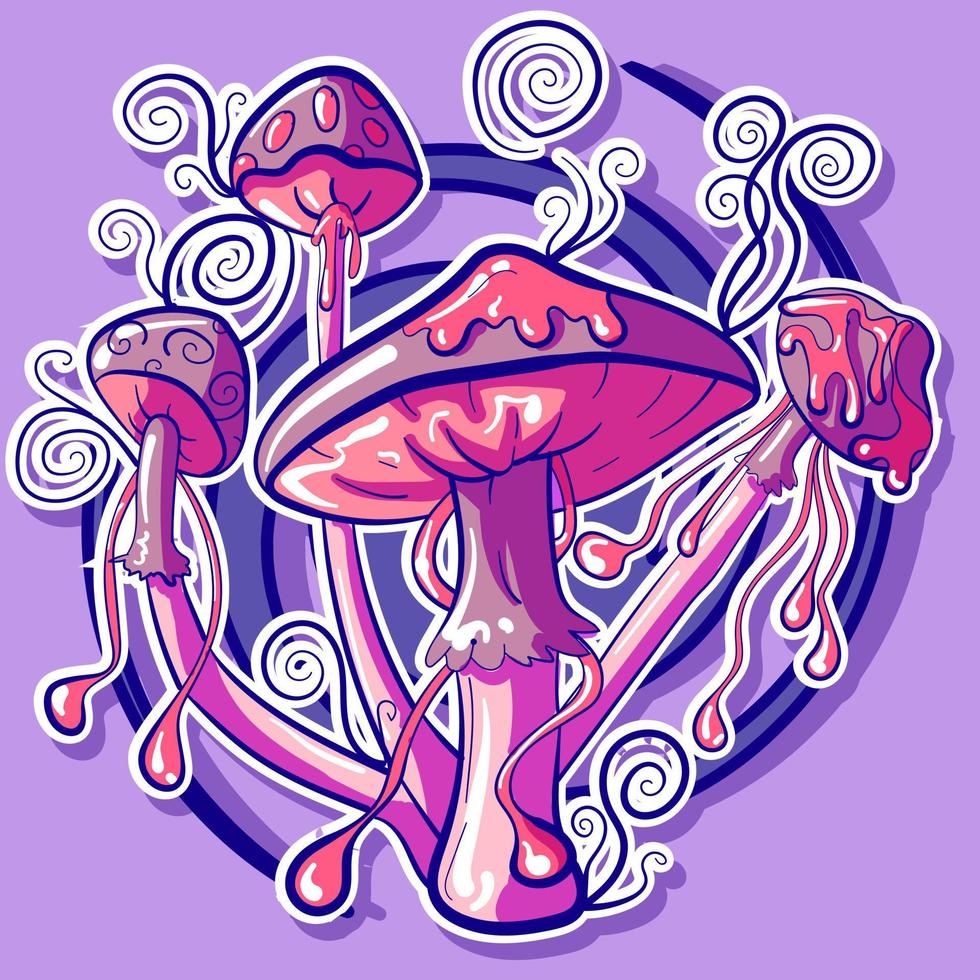 Rosa e roxa vetor ilustração do lsd cogumelos com esporos. psicodélico psilocibina cogumelos vetor. vibrante colorida drogas e trippy visual