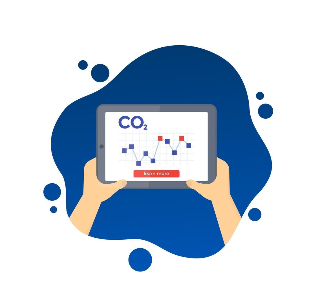 CO2, gráfico de níveis de emissões de carbono na tela do tablet, vetor