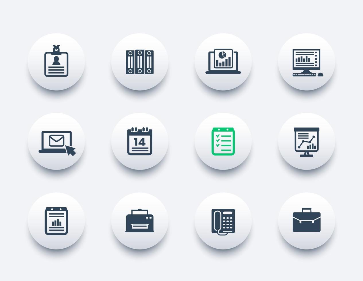 conjunto de ícones de escritório, documentos, relatórios, pastas, correio, programação e fax vetor