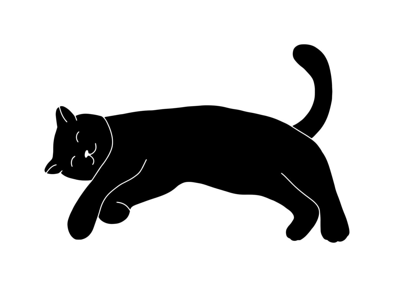 fofa gato ícone silhueta isolado em branco fundo. simples Preto impressão com dormindo gatinha animal. esboço rabisco estilo ilustração para crianças. vetor