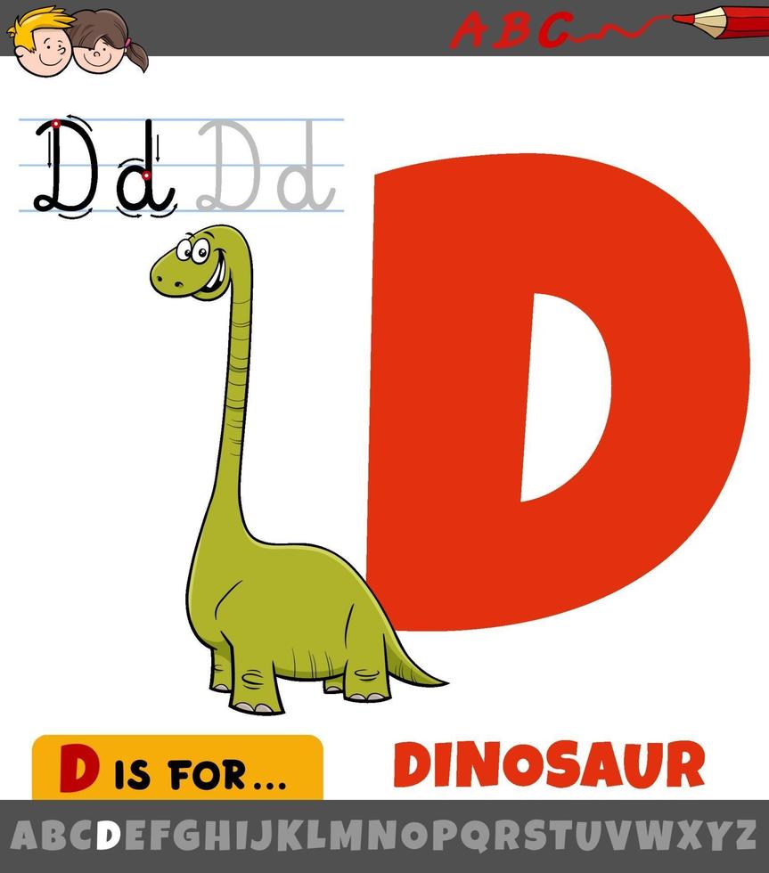 letra d do alfabeto com personagem de desenho animado de dinossauro vetor