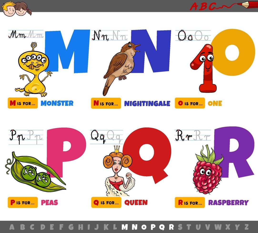 letras do alfabeto de desenhos animados educacionais para crianças de ma a r vetor