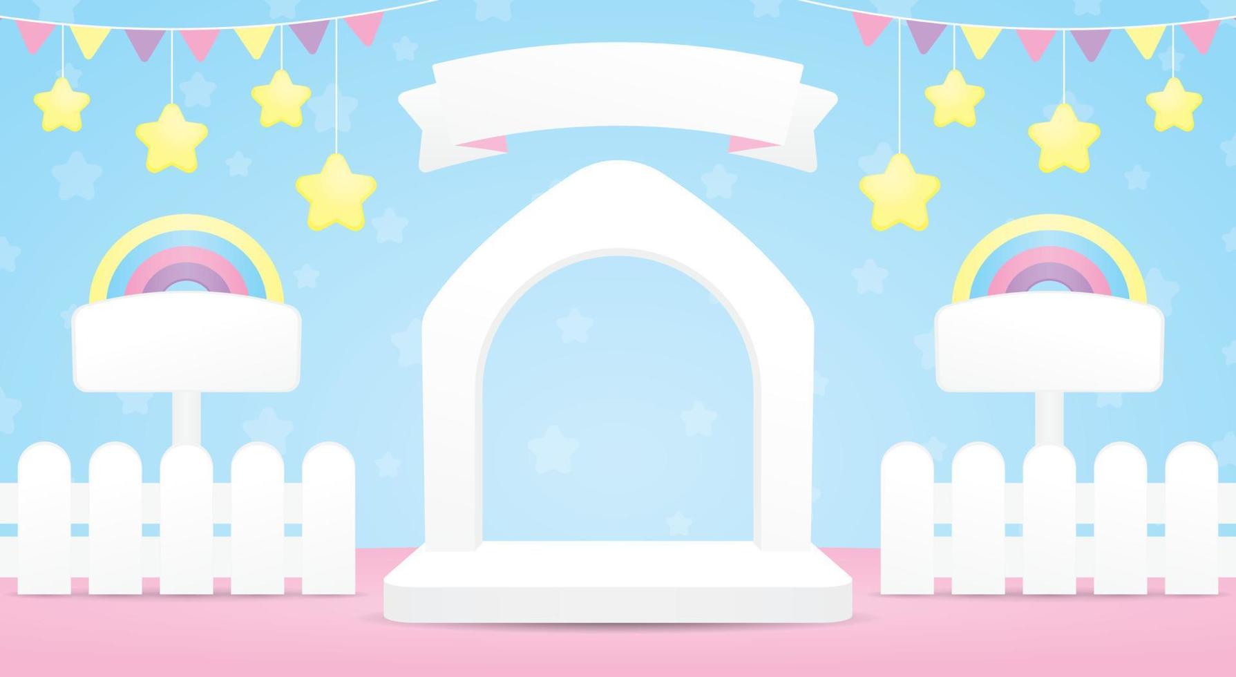 fofa branco casa forma arco quadro, Armação pano de fundo exibição etapa cena com cerca e arco Iris tabuleta e suspensão estrelas 3d ilustração vetor dentro kawaii estilo