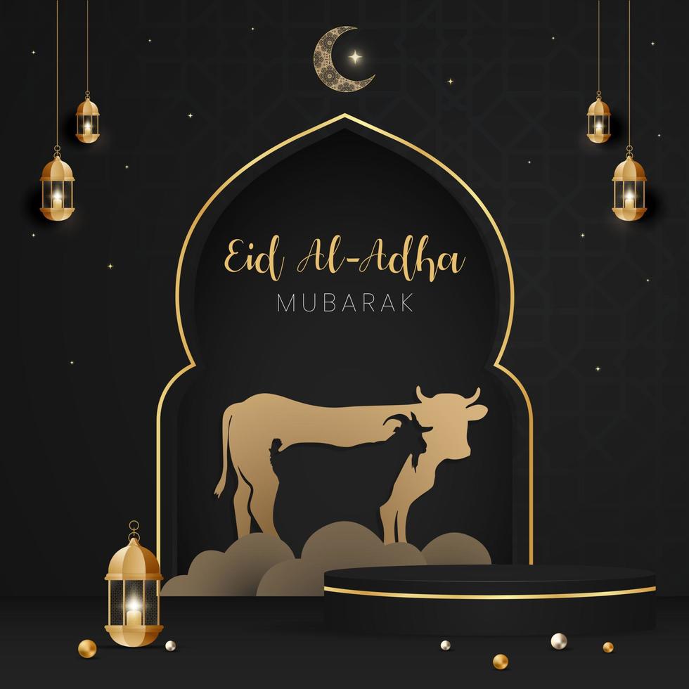 feliz eid al adha Mubarak celebração bandeira com vaca e bode papel cortar efeito em noite cor fundo vetor