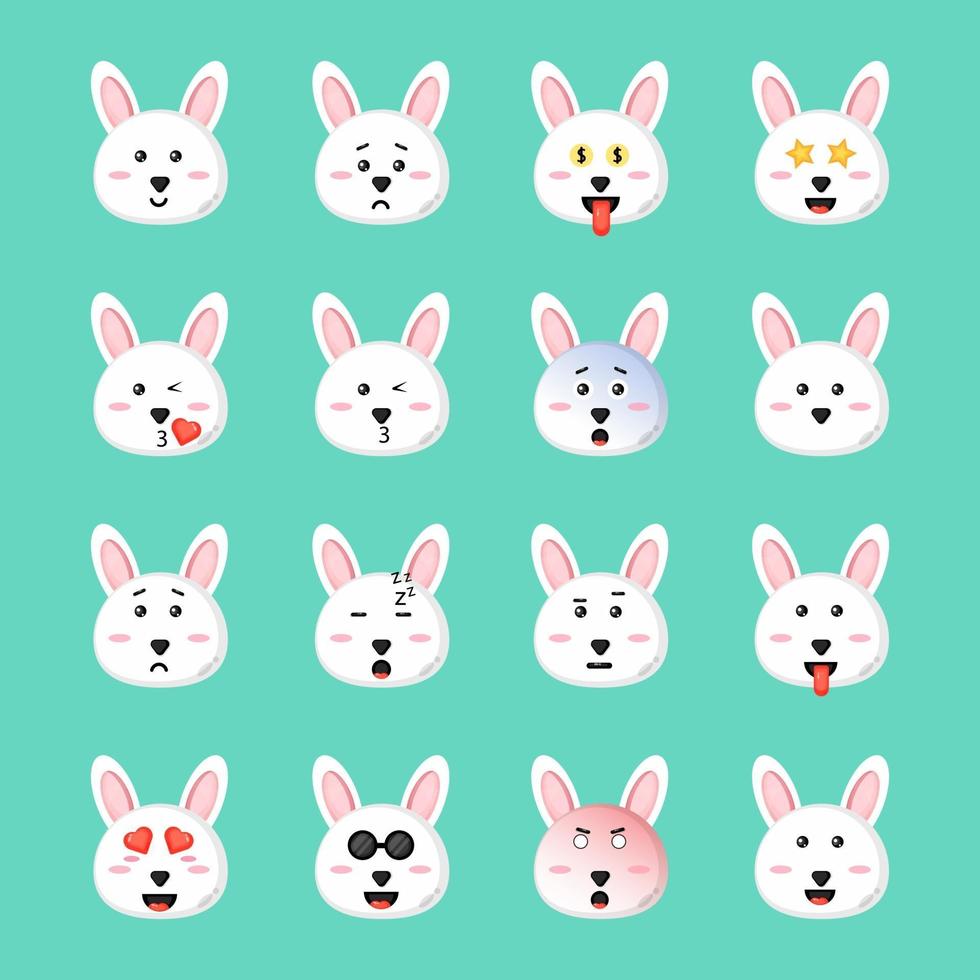 Conjunto de coelho fofo com emoticons vetor