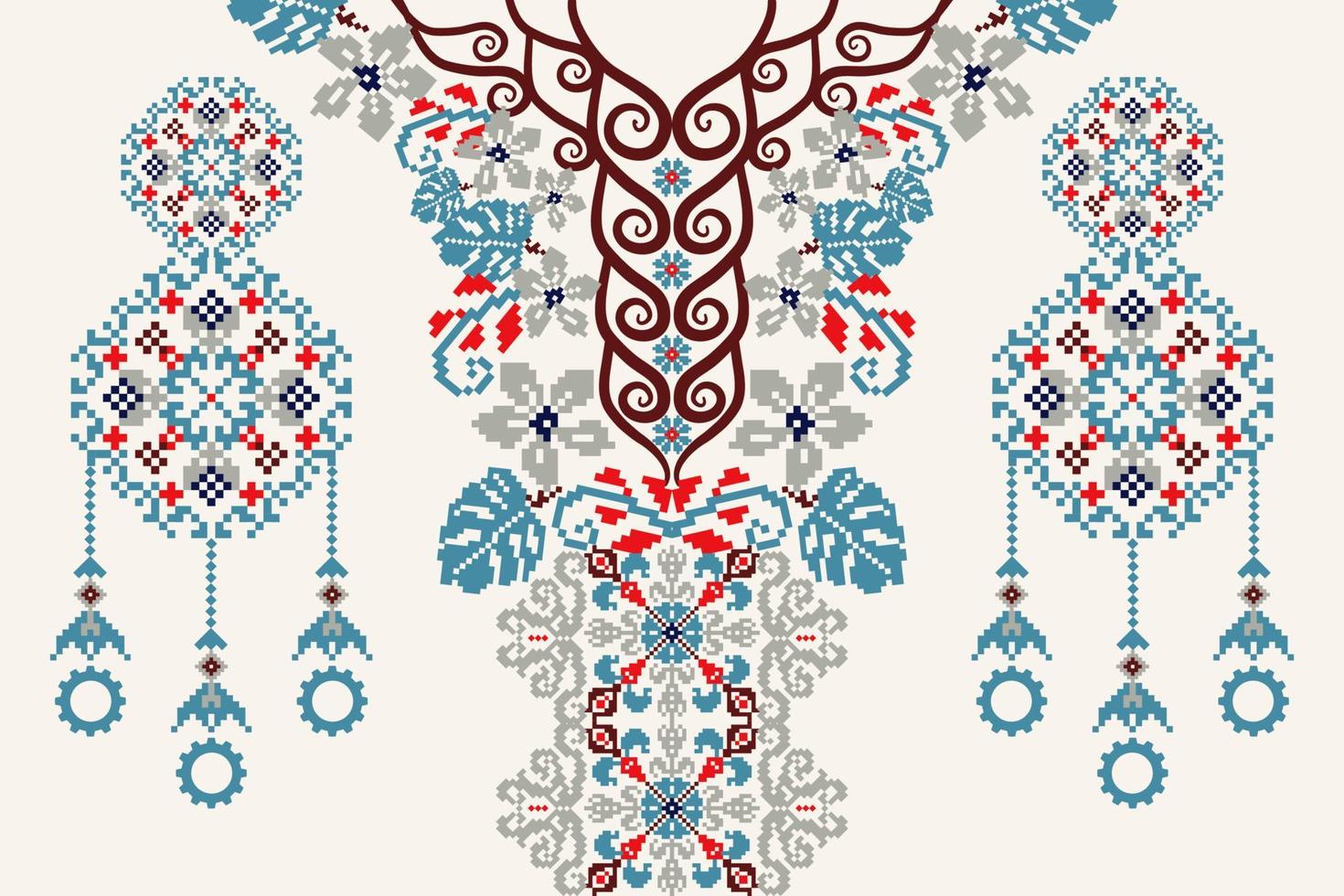 decote floral Cruz ponto bordado em branco background.boho decote orientalista padronizar tradicional.asteca estilo abstrato ilustração.design para textura, tecido, moda mulheres vestindo, roupas. vetor
