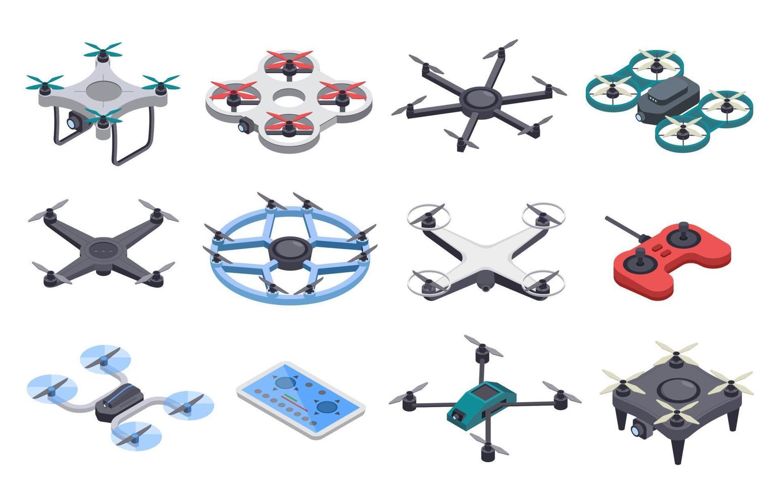 isométrico drone. não tripulado aeronave com hélices, aéreo controlo remoto transportadores. vôo Entrega zangões com Câmera, controladores vetor conjunto