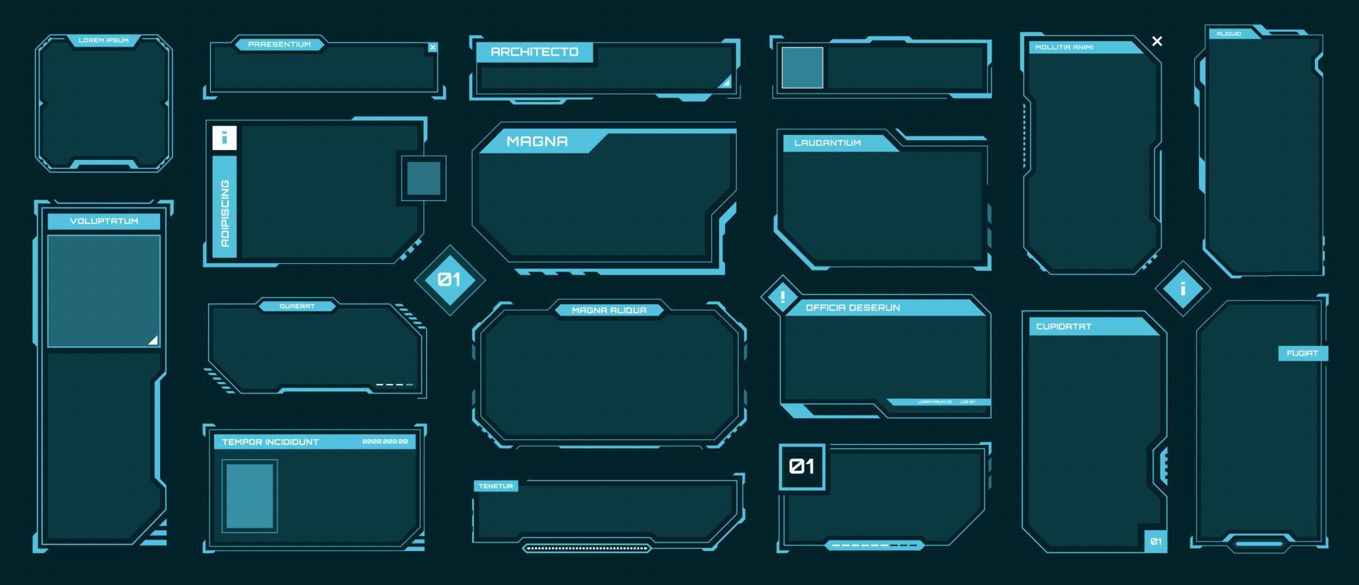 hud quadros. futurista texto caixa, fronteira, quadro. ficção científica digital tela, holograma painel. Alto tecnologia hud interface elementos vetor conjunto