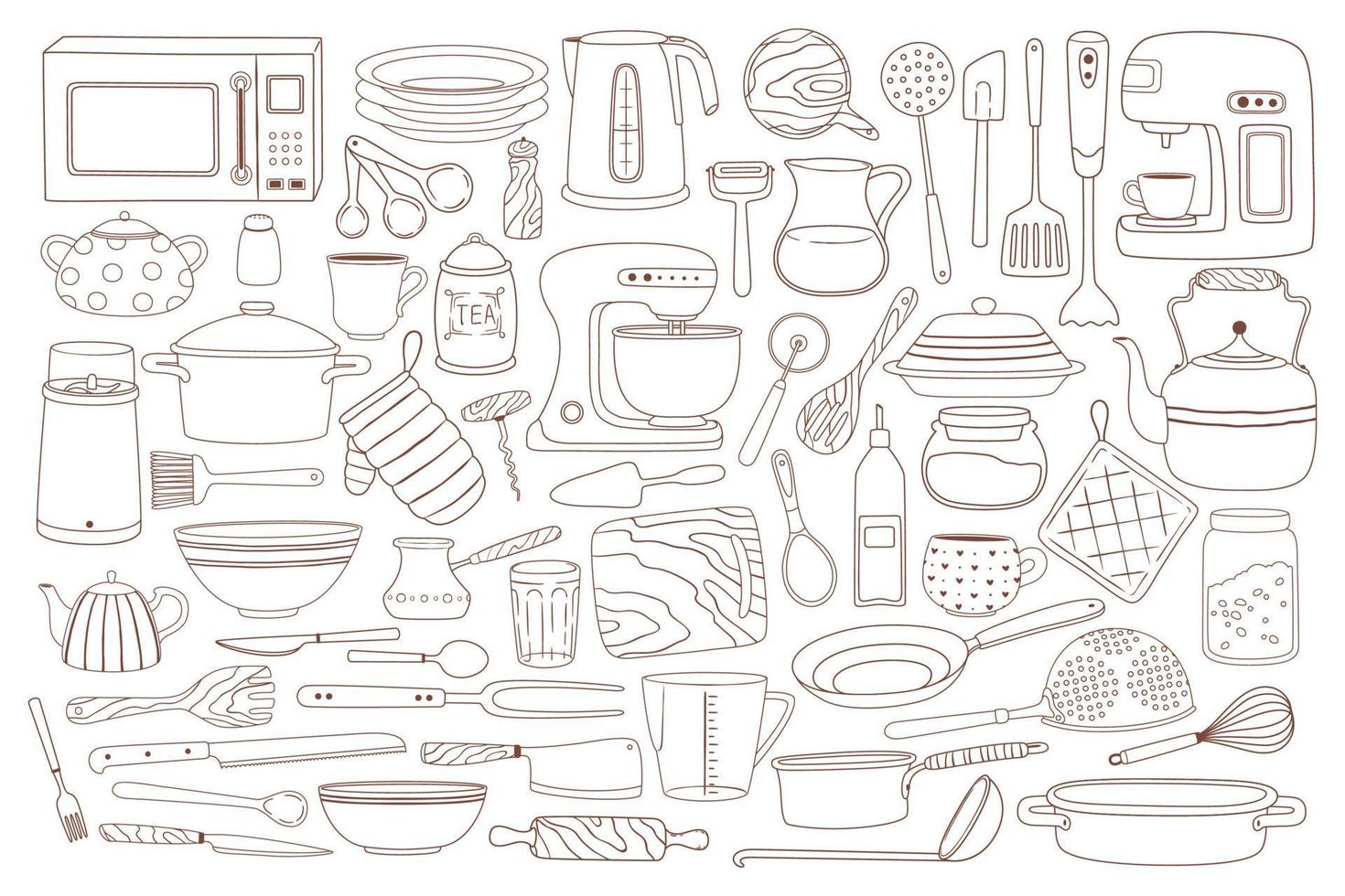 rabisco utensílios de cozinha. mão desenhado cozinhando e cozimento equipamento Panela, colher, bata, microondas, facas. talheres, cozinha utensílio rabiscos vetor conjunto