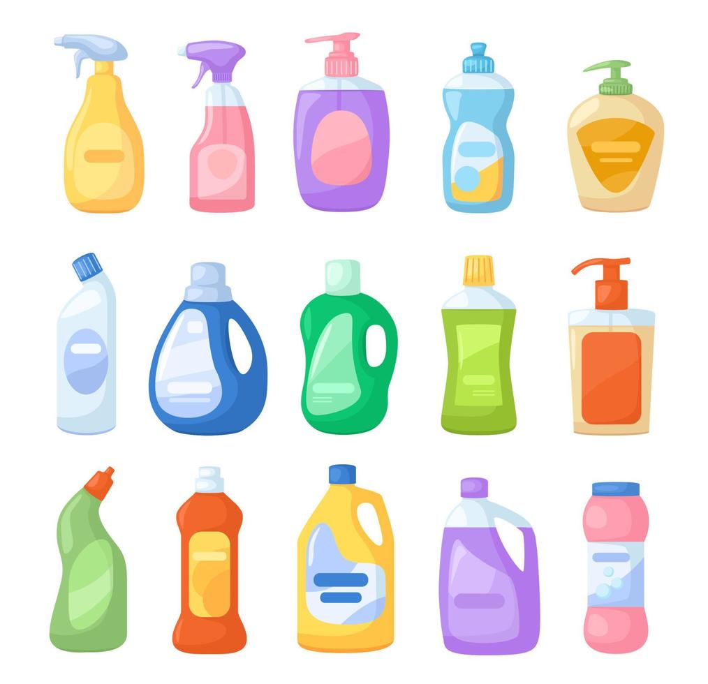 desenho animado detergente garrafa. limpador, água sanitária, desinfetantes, antisséptico, líquido sabão. spray detergentes produtos para casa limpeza vetor conjunto