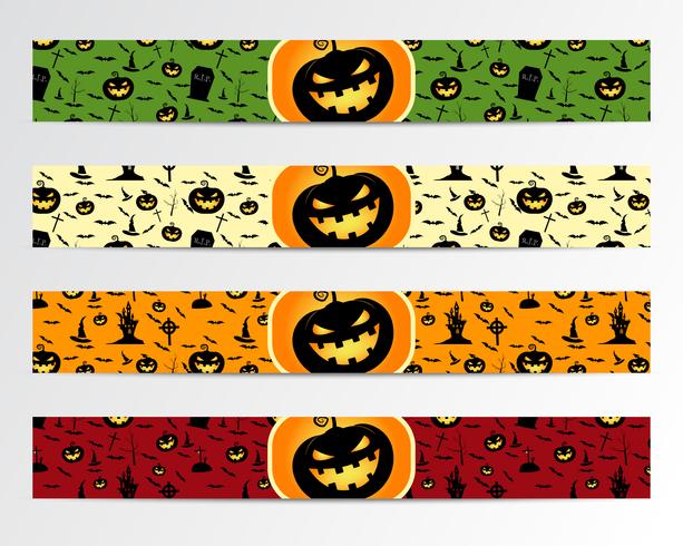 Quatro bandeiras de Halloween com projetos verdes, vermelhos, brilhantes e laranja. Pode ser usado na web, imprimir. Como convite, flyer card, cartaz de halloween etc. Design agradável para celebração. Vetor. vetor