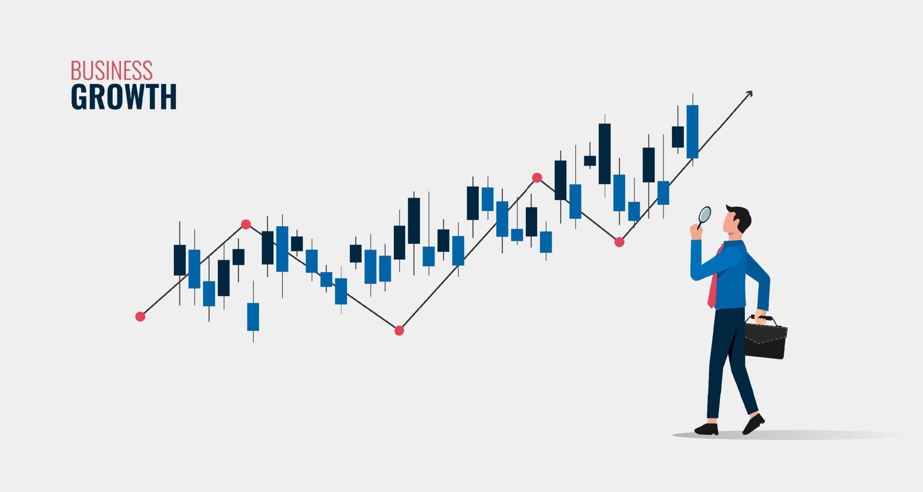 conceito de crescimento de negócios com empresário segurando a lupa para analisar a ilustração do símbolo gráfico. vetor