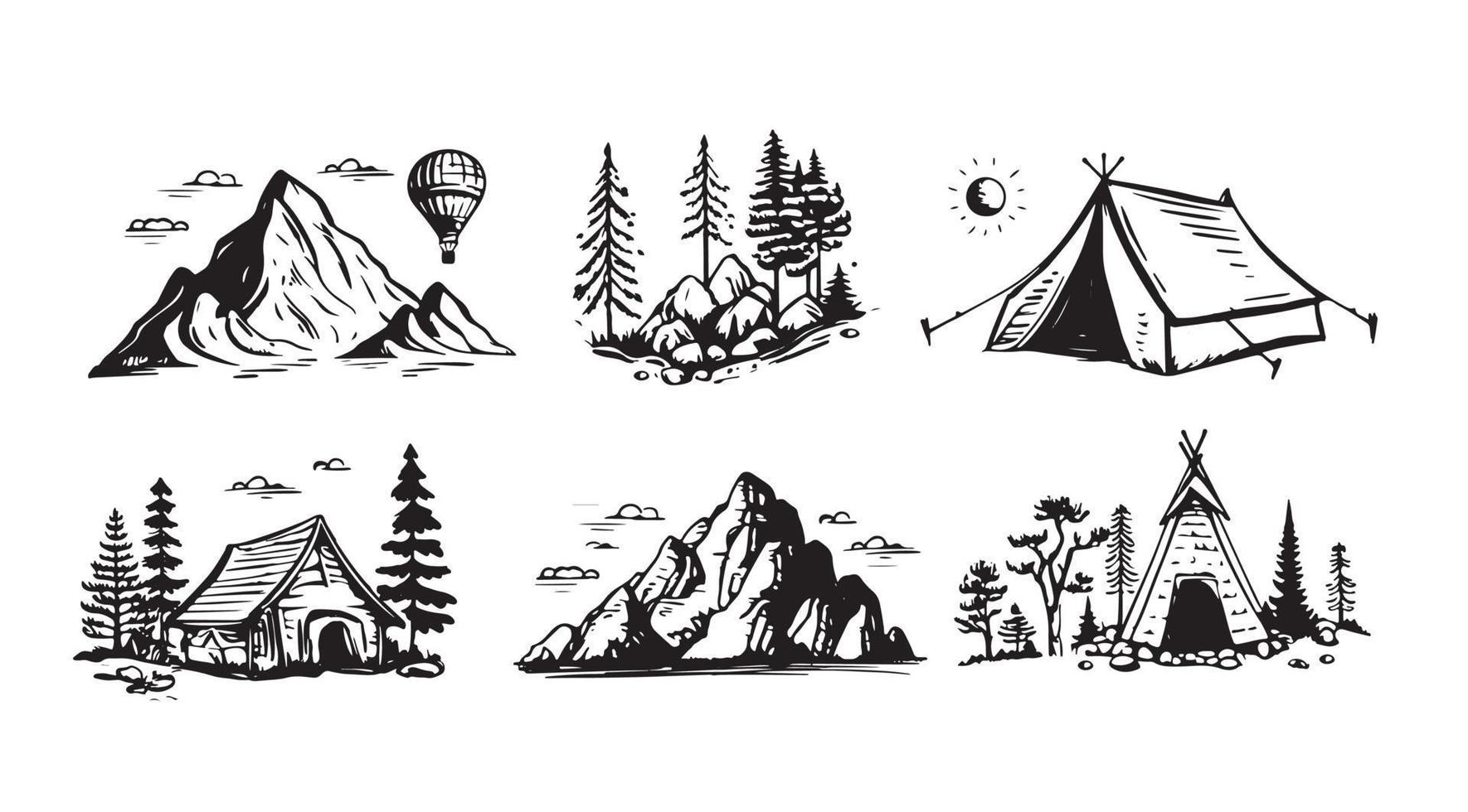 acampamento definir, montanha paisagem, mão desenhado estilo, vetor ilustração.