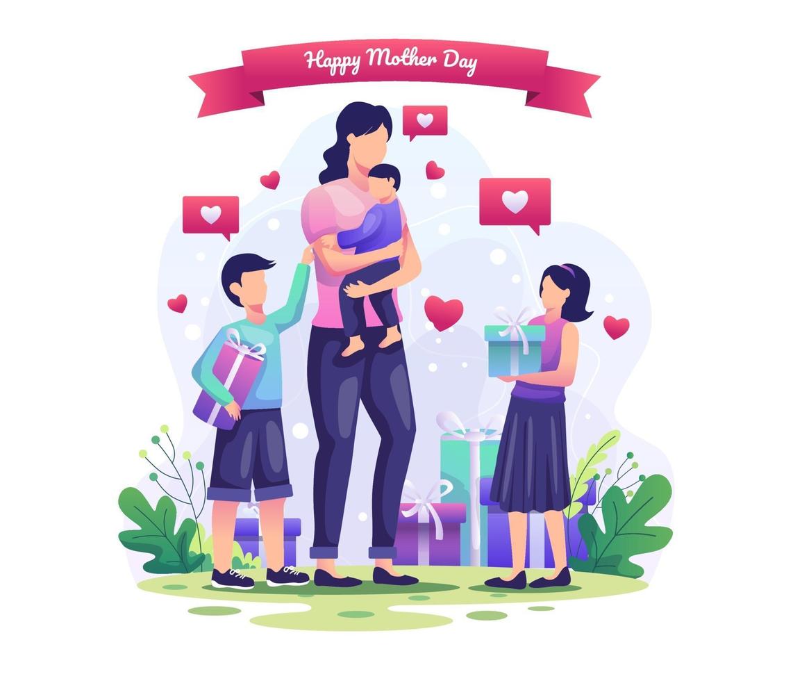 as crianças dão presentes às mães. ilustração vetorial de saudação de feliz dia das mães vetor