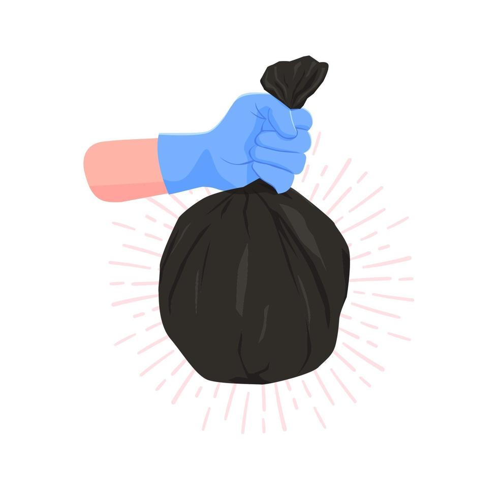 mão usando luvas azuis e carregando um saco de lixo preto. vetor