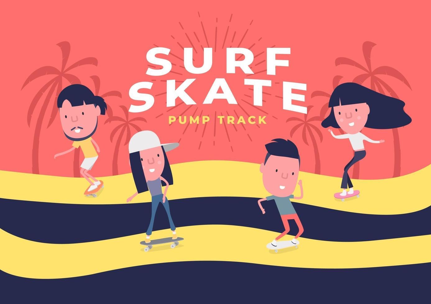 menino e menina surfam no skate ou skate de surf. pessoas de patins em fundo de pista de bomba. personagem de desenho animado. vetor