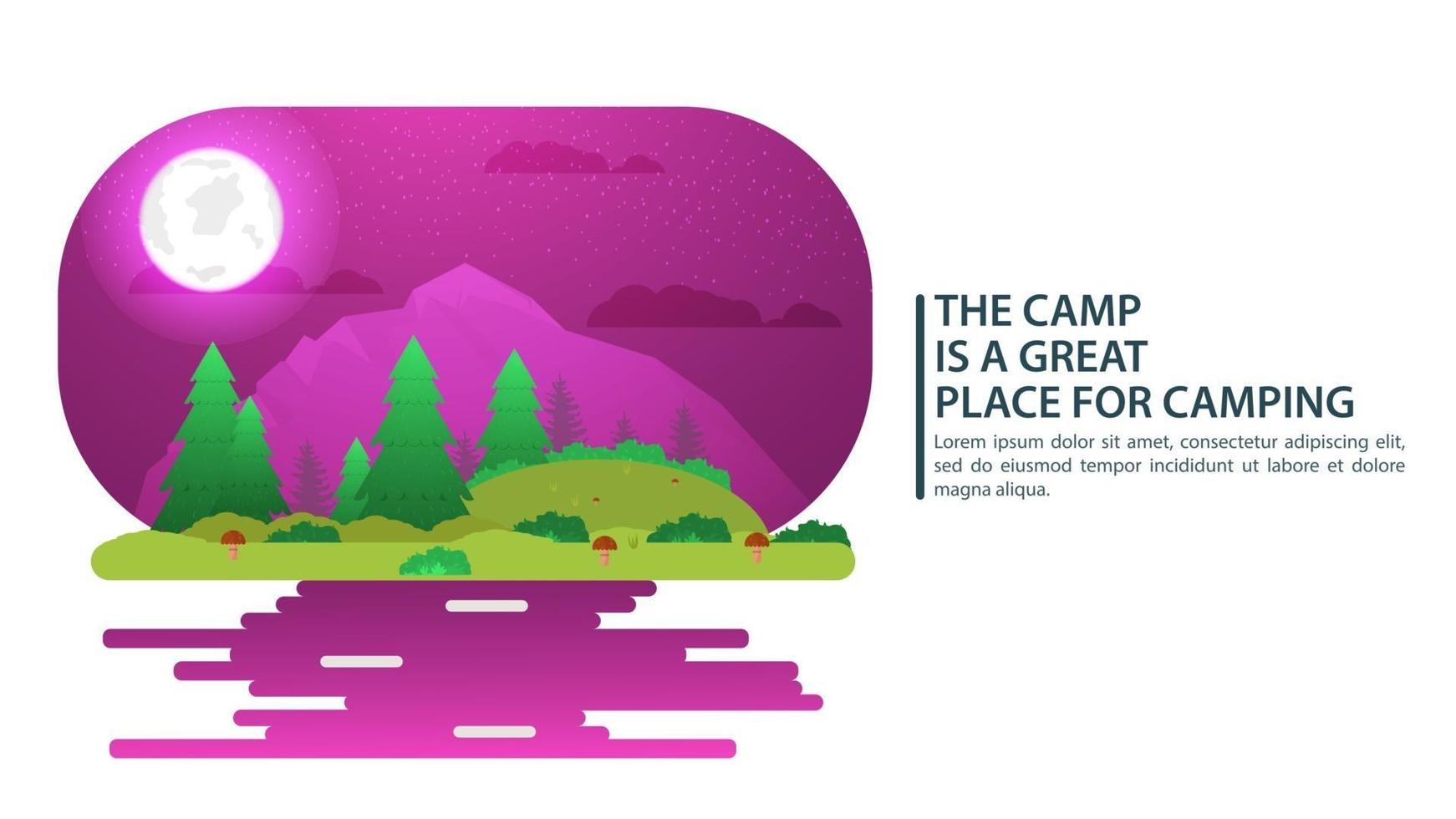 noite lua paisagem fundo para acampamento de verão turismo natureza acampamento ou caminhada web design conceito montanhas floresta agulhas e folhas ilustração em vetor natureza plana