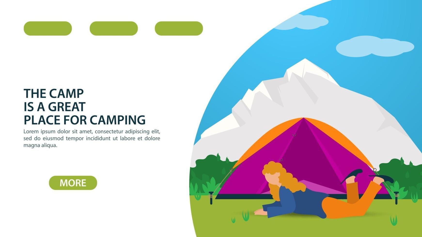 página para o design de um site ou aplicativo móvel tema de acampamento de verão uma garota deita-se na frente de uma barraca de turismo ilustração vetorial plana vetor