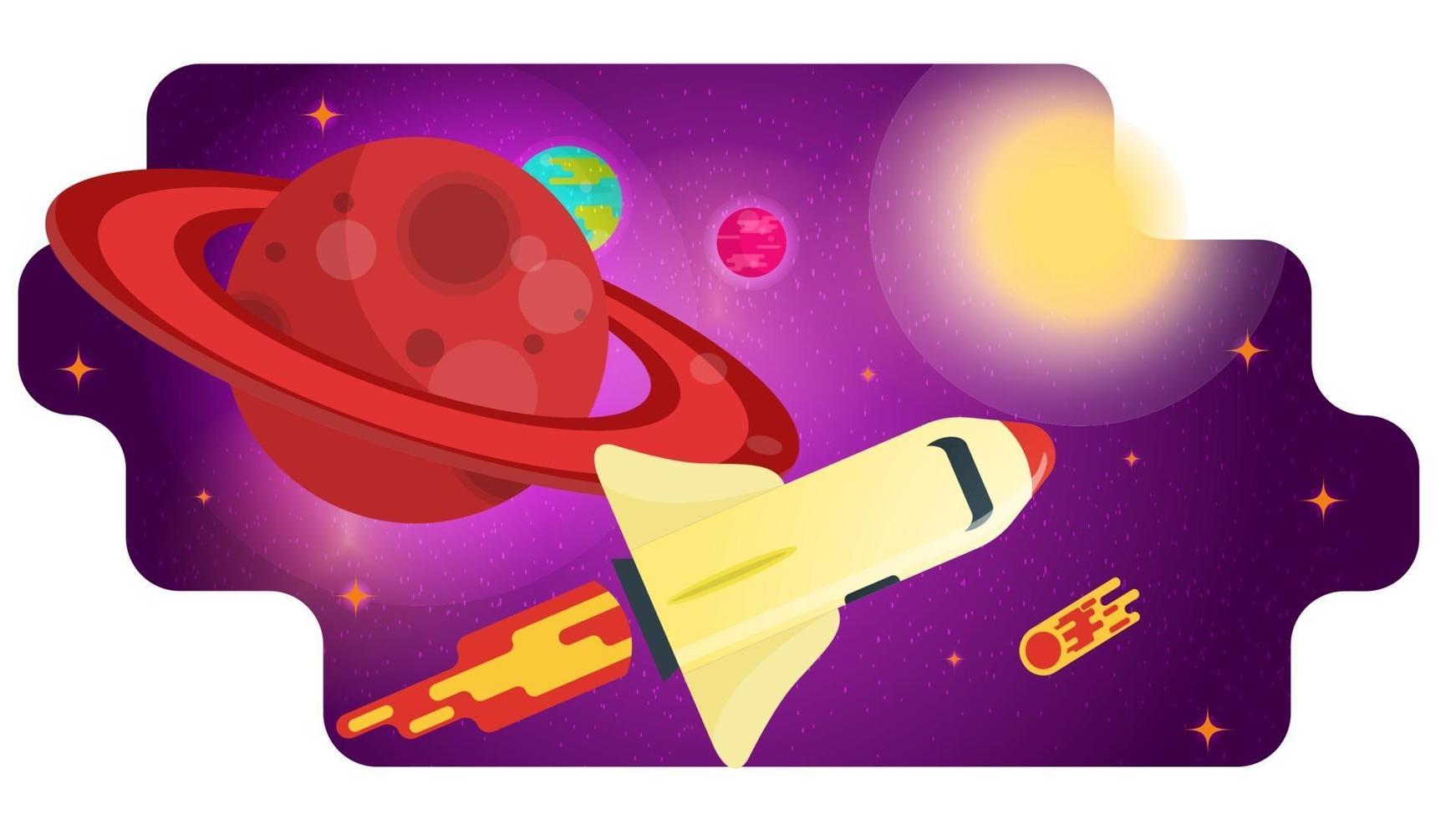 foguete do ônibus espacial passa por um grande planeta vermelho com ilustração em vetor plana conceito de design de anéis