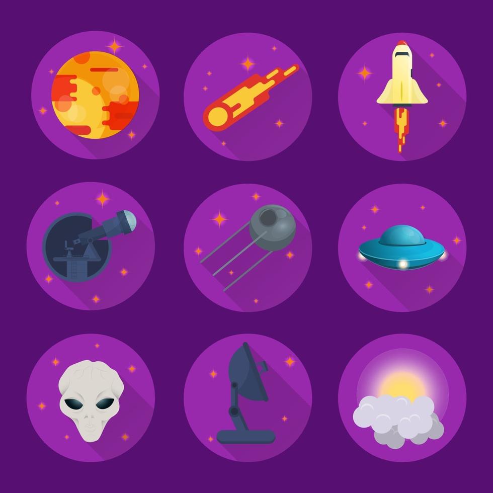 um conjunto de ícones sobre um tema de ciência espacial para o design de um ufo telescópio planeta alien foguete ilustração vetorial plana vetor