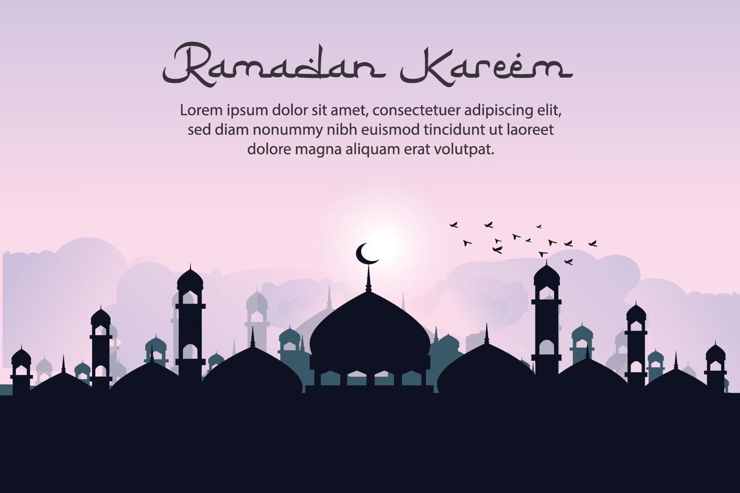 Ramadan Kareem islâmico saudação design de plano de fundo com silhueta mesquita e vetor de caligrafia árabe