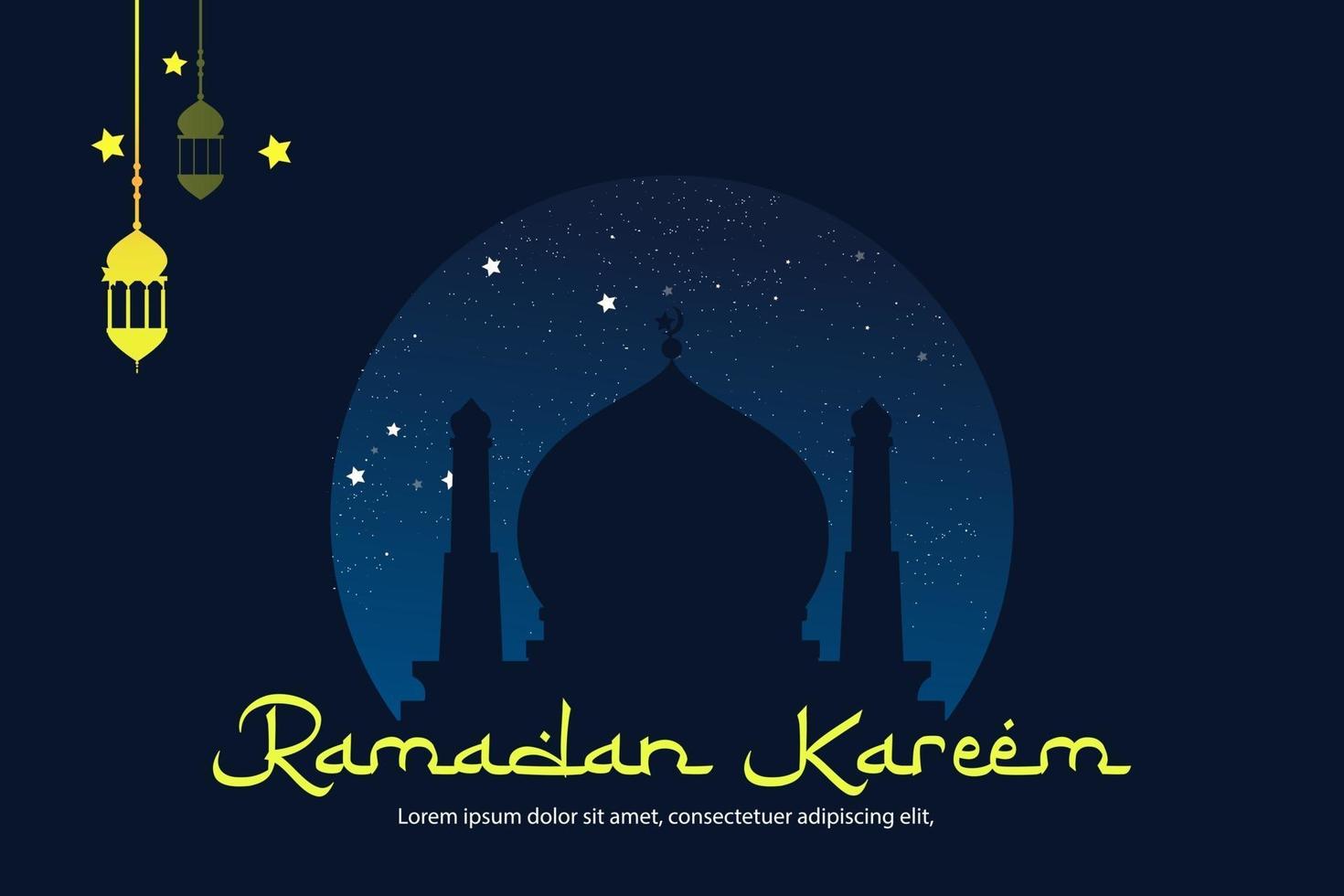 Ramadan kareem saudação islâmica design de plano de fundo no céu noturno, silhueta mesquita e caligrafia árabe com vetor de estilo bonito escuro