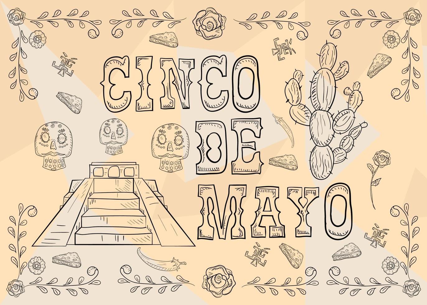 Adesivo de desenho de pôster de ilustração de contorno com tema mexicano de quadro padrão para decoração e fundos vetor